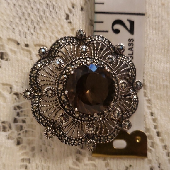 STUNNING Sterling Silver PENDANT BROOCH/PIN Smoky Quartz MARCASITE FILIGREE - Picture 2 of 6